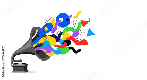 Vibrant illustration of a gramophone with colorful musical notes and shapes emerging from it, celebrating International music Day against a clean white background.