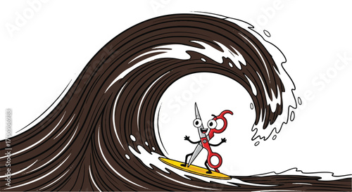 Illustration of scissors surfing on a giant wave of hair, celebrating National hair Day with a playful and creative mood.