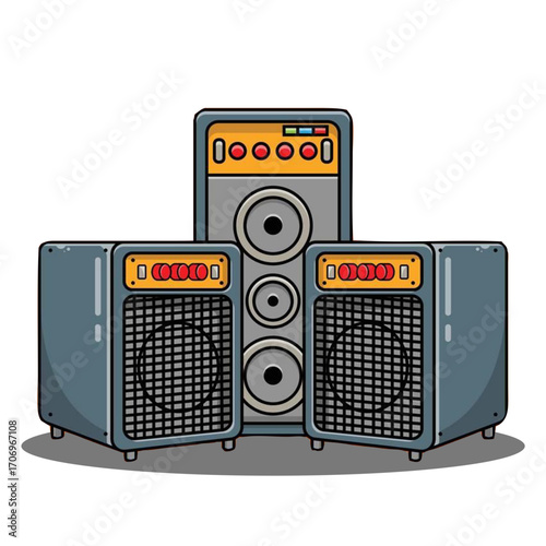 A vibrant cartoon illustration of a powerful stereo sound system with multiple speakers and an amplifier, ideal for music, parties, and audio entertainment