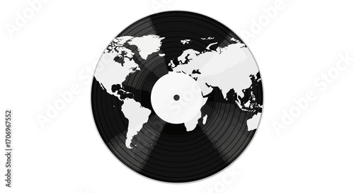 A vinyl record with a world map design on a plain white background, symbolizing International music Day with a flat lay composition and a mix of black and white dominant colors.
