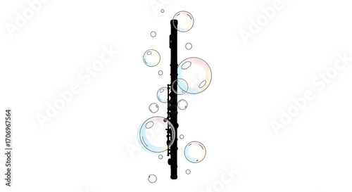 A black flute surrounded by colorful bubbles on a white background, symbolizing International music Day with a playful and carefree mood.