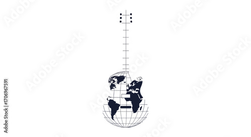 A guitar with a world map design on its body, symbolizing global music connections on International music Day, against a clean white background.