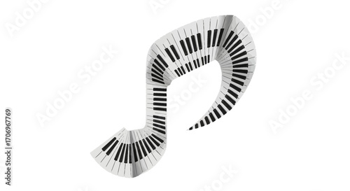 Flexible piano keyboard curled up on a clean white background, celebrating International music Day with a creative and playful mood.