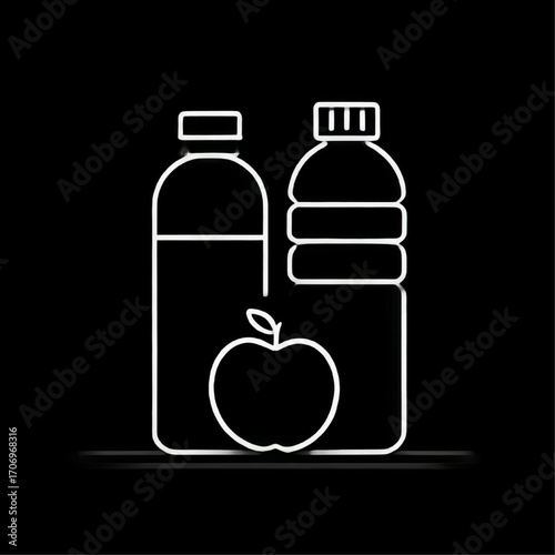 Healthy lifestyle bottles and apple outline, white on black, representing nutrition and hydration with copy space