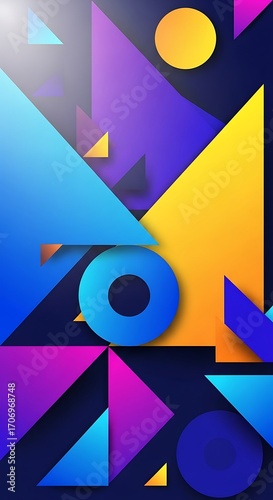 Vibrant geometric shapes in a dynamic composition create a bold and playful design.