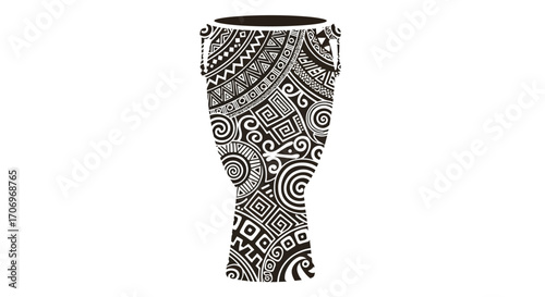 A close-up shot of a decorated djembe drum on International Music Day with a monochromatic and rhythmic mood against a clean white background.