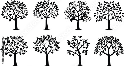 Collection of eight stylized fruit trees in silhouette