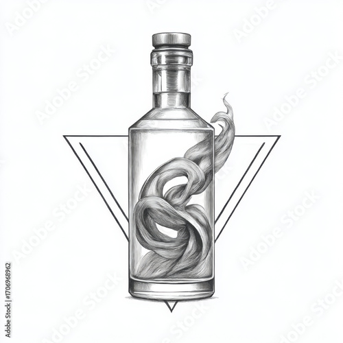 Abstract swirling substance in bottle illustration, black and white, representing mystery and containment
