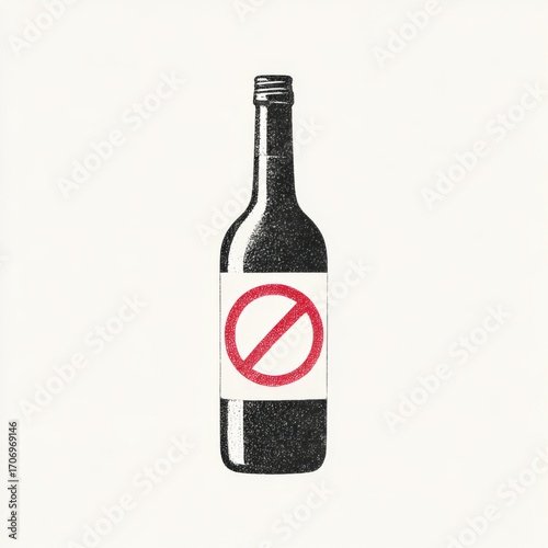  Prohibited bottle stipple illustration, black, white, and red, representing no alcohol or forbidden liquid