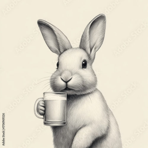 Cheerful white bunny holding a beer mug, celebrating or relaxing, against a warm toned background