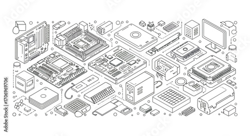 intricate computer hardware components arranged in artistic pattern