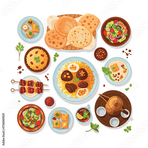 Delicious Middle Eastern Feast A Top-Down View of Traditional Dishes, Spices, and Delights