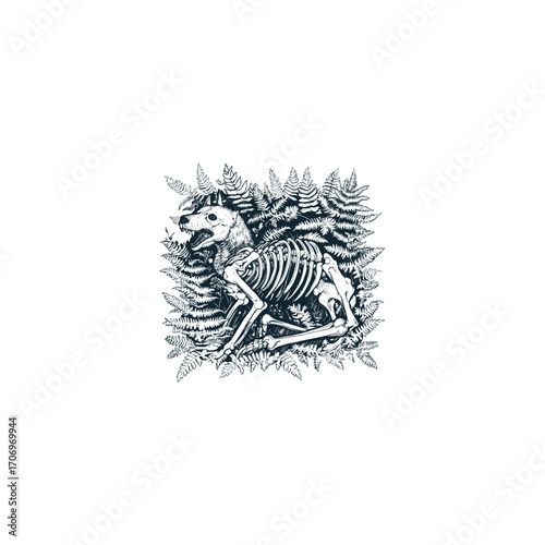 Detailed vintage engraving illustration of a dog or wolf skeleton resting among fern leaves in the forest. Concept for dark fantasy, horror, nature, and anatomy art