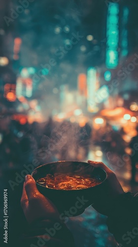 Warm bowl of food held in hands with city lights.