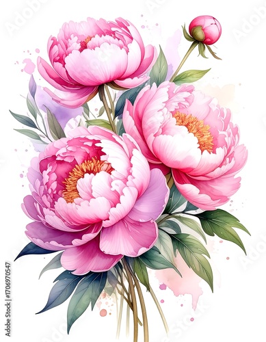 Delicate pink peonies in watercolor style
