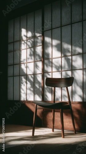 Wooden chair in front of a window with sunlight.