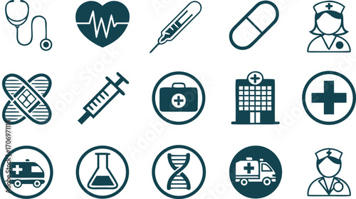 Medical Healthcare Icons Set stethoscope heart