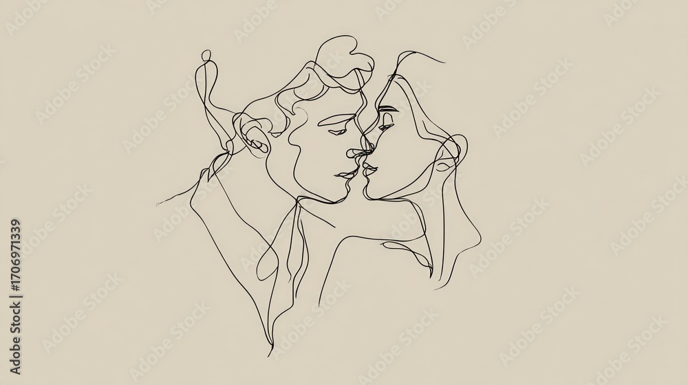 Obraz premium Minimalist line art depicting a couple sharing a tender kiss, their faces close, rendered in a single continuous black line against a muted beige background. The style is elegant and romantic