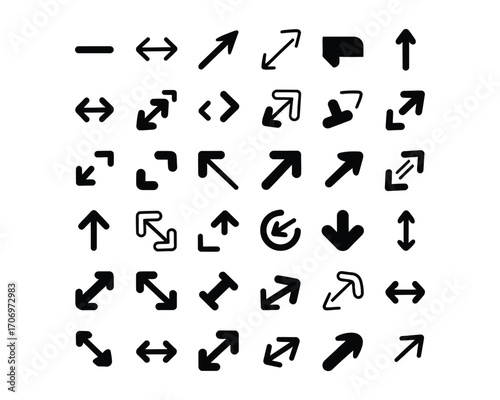 A comprehensive set of solid black arrow icons, a vector illustration collection for web navigation and user interface design elements