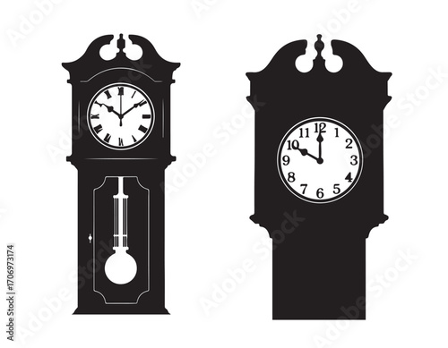 Collection of Clock Icons – Set of Classic and Modern Clock Designs Including Wall Clocks, Alarm Clocks, Pocket Watches, and Digital Timepieces, Black Silhouette Vector Style 