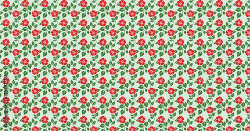 A repeating pattern featuring vibrant red hibiscus flowers with dark green leaves and stems, set against a light green background, creating a summery feel.