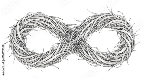 A twisted infinity symbol made of thin, gray hair strands on a white background with a focus on texture and detail.