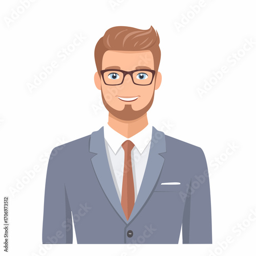 Smiling businessman in glasses and suit, representing success, confidence, and professionalism