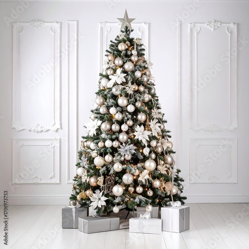 Elegant Christmas tree in a white room