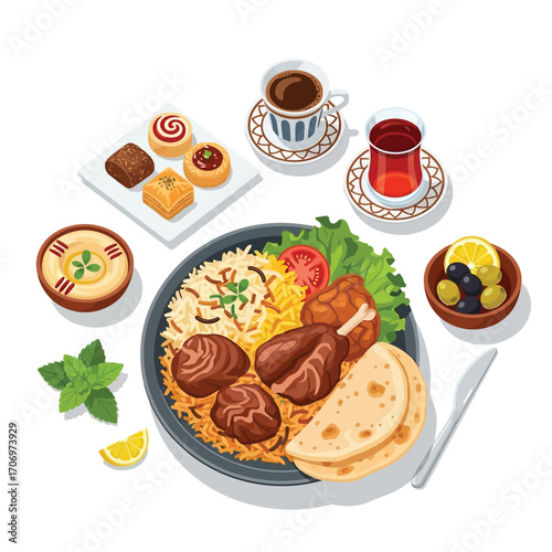 Middle Eastern cuisine with rice, meat, sweets, coffee, tea, and hummus.