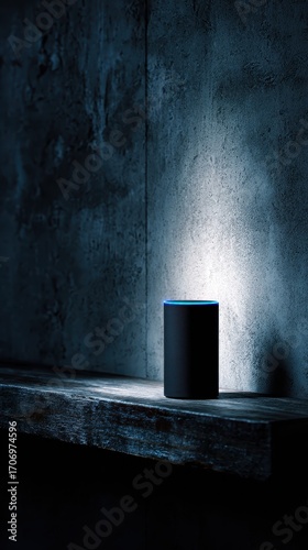 Smart Speaker with Blue Light on Dark Background.