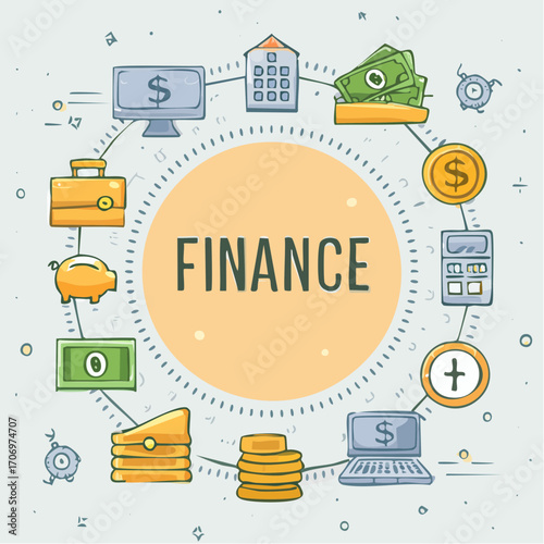 Financial concept illustration with money, calculator, and other finance elements, for business