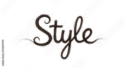 A close-up shot of the word 'Style' written in elegant, dark brown cursive script on a clean white background with a minimalist and sophisticated mood.