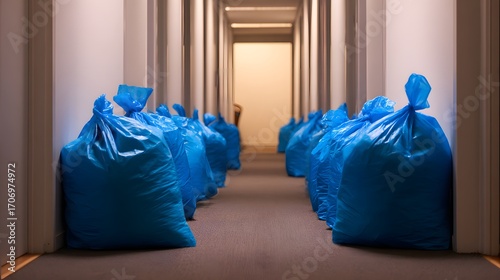 Blue garbage bags lined up in apartment hallway.