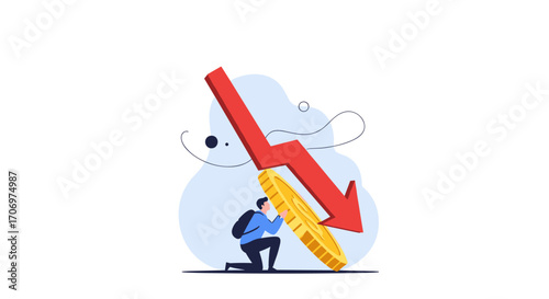 Financial decline illustrated with a falling arrow crushing a coin and a person struggling underneath conceptual economic downturn and financial crisis represented visually