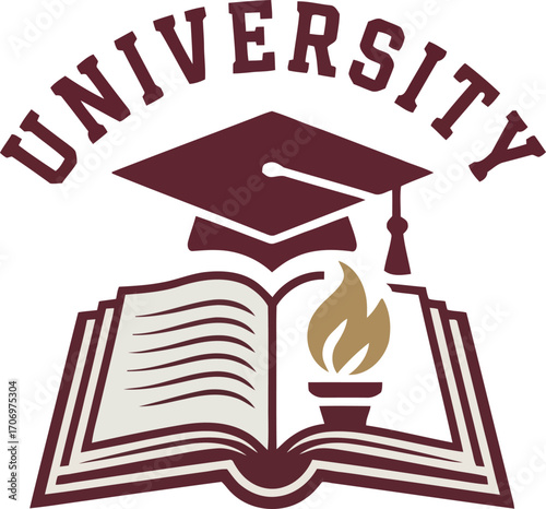 Education logo featuring graduation cap and open book. A simple, elegant logo design showcasing a graduation cap atop an open book, both in a deep maroon color.