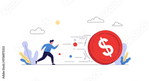 A person chases a large red coin with a dollar sign indicating the pursuit of financial gain and wealth accumulation