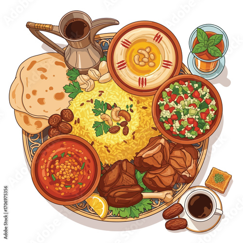 A vibrant overhead illustration of a large Middle Eastern feast, featuring rice, meat, hummus, salad, bread, and coffee.