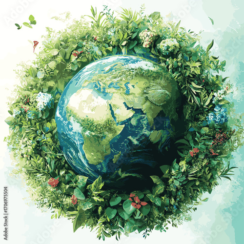 A beautifully illustrated globe surrounded by lush greenery and diverse foliage, symbolizing nature and environmental harmony.   high resolution   for isolate image