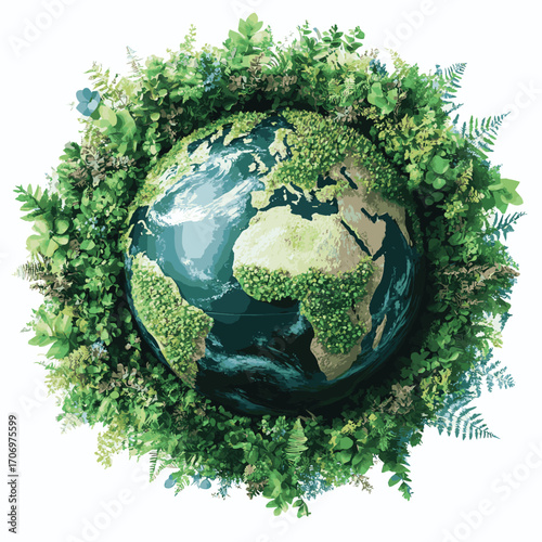 A beautifully illustrated globe surrounded by lush greenery and diverse foliage, symbolizing nature and environmental harmony.   high resolution   for isolate image