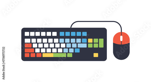 a colorful keyboard connected to a red mouse