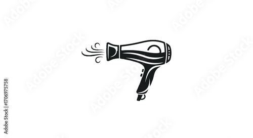 A simple line drawing of a hair dryer with blowing air on a plain white background, symbolizing National hair Day.