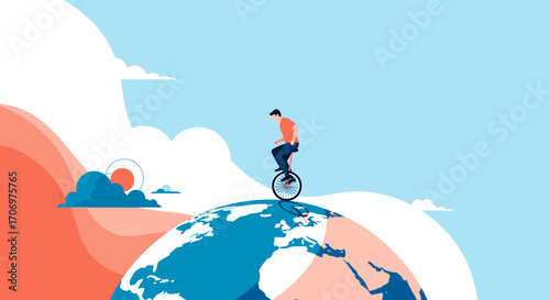 Man riding a unicycle on top of the planet earth with clouds and sun in the background representing global exploration and travel