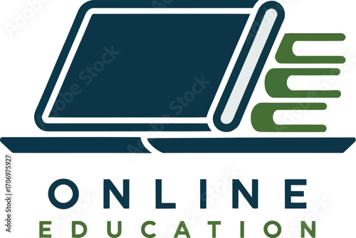 Modern logo for online education featuring a laptop and flying books. This logo features a stylized laptop computer graphic with a stack of books depicted as flying out of it