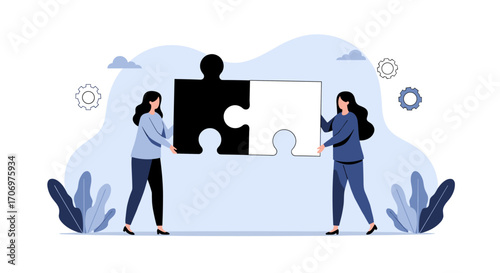 Two women collaborate to join two puzzle pieces representing business partnership and integration solutions