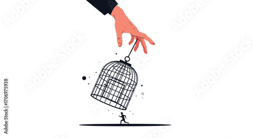 Tiny person escaping an open birdcage held by a giant hand illustration