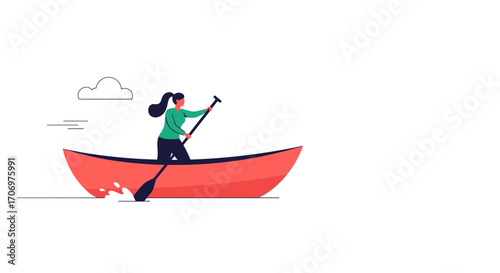 Young woman navigates a red canoe through the water on a sunny day with a cloud in the sky