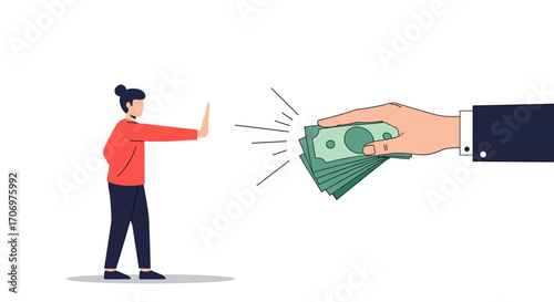 Person rejecting offered money cash payment refusal concept stop hand gesture financial rejection illustration