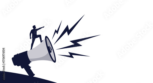 Announcing an important message loudly through a megaphone with a person standing on top demonstrating action