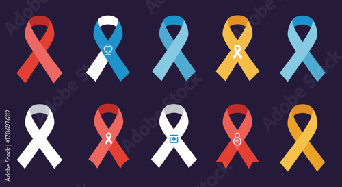 various colored ribbons symbolizing awareness campaigns for different causes