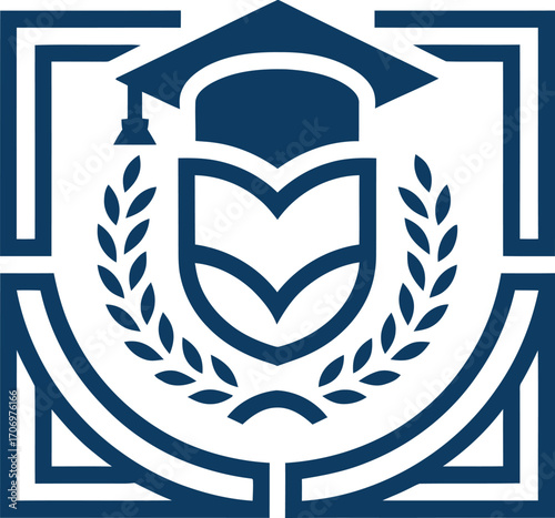 University Logo with Graduation Cap and Laurel Wreath, A stylized logo for a university, featuring a graduation cap atop a shield, encircled by a laurel wreath.